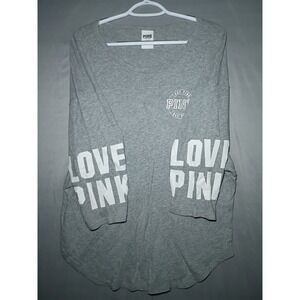 PINK Victorias Secret Gray Round Neck Spellout 3/4 Sleeve Untuck T-Shirt Women L